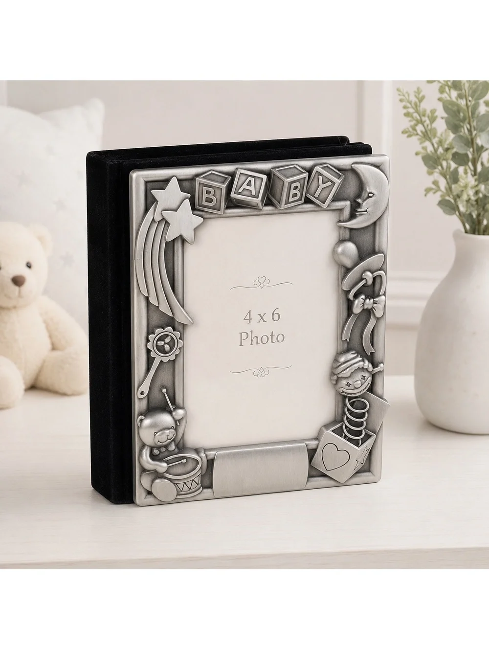 Vintage Thing Remembered Baby Photo Album Frame 4x6 Silver Tone Nursery Keepsake